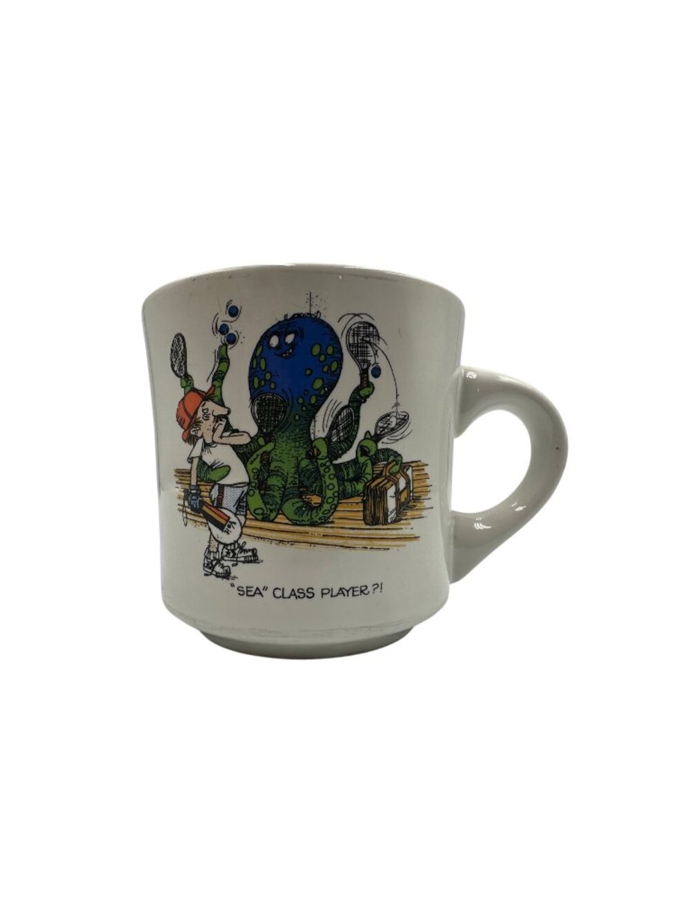 Vintage Ceramic Tennis Mug Racquetball Design Sea Class Player Octopus Art